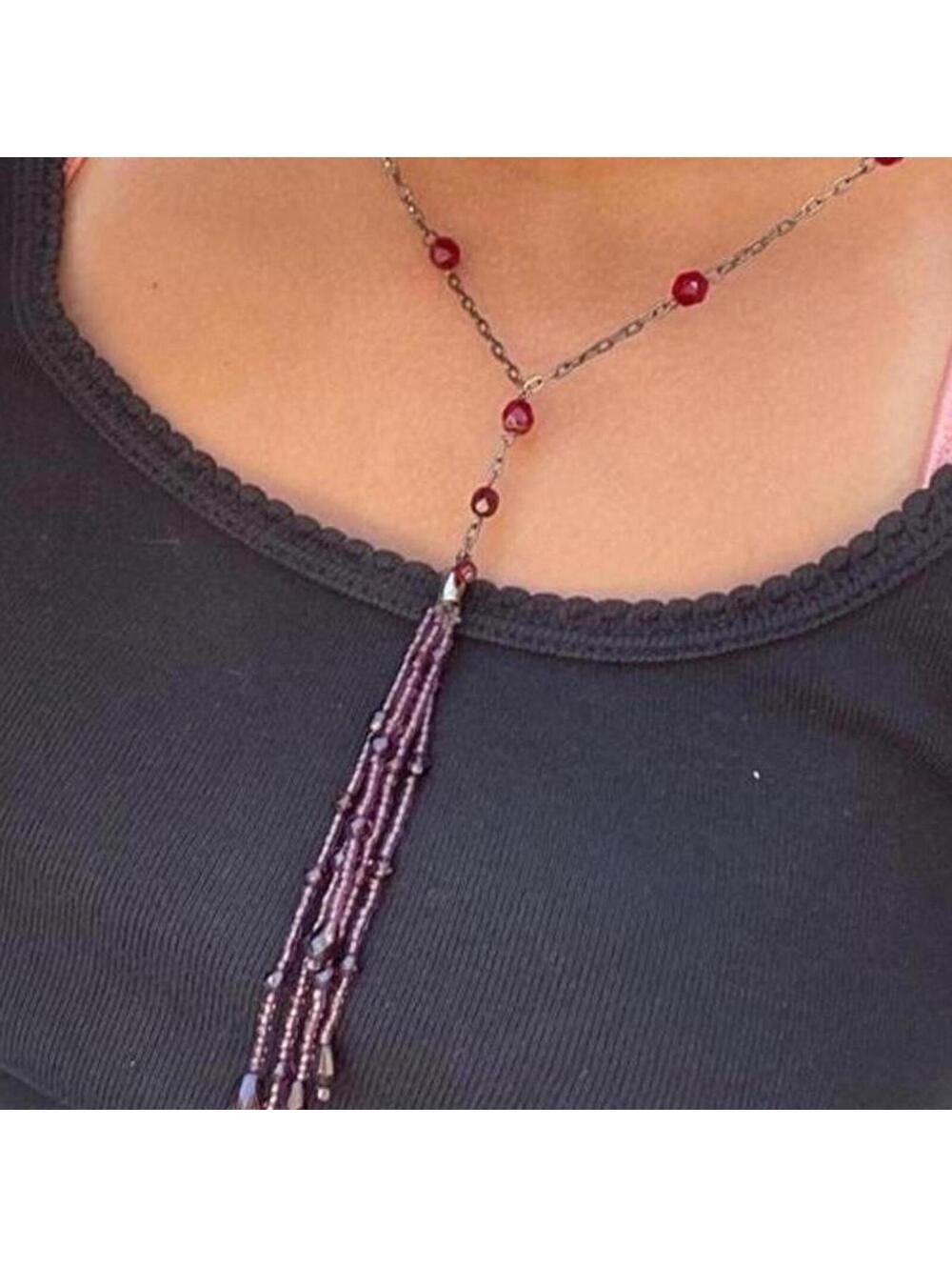 handmade burgundy beaded necklace with tassel